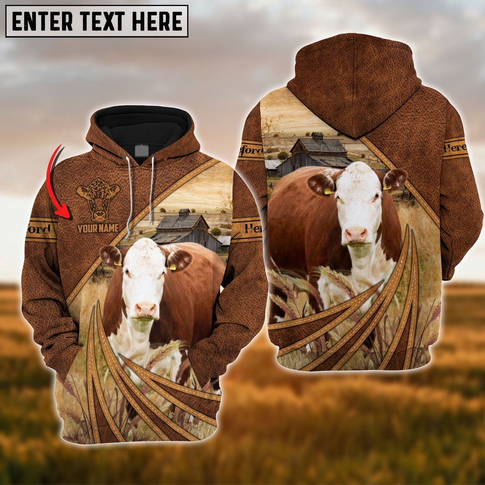 Farm Hereford Cattle Leather Pattern 3D Custom Name Printed Shirts, Farmer Hoodie, Custom Farm Shirts, Farmer T Shirt
