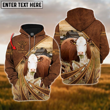 Farm Hereford Cattle Leather Pattern 3D Custom Name Printed Shirts, Farmer Hoodie, Custom Farm Shirts, Farmer T Shirt