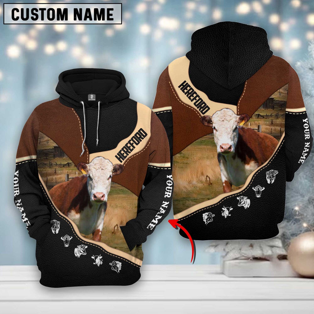 Farm Hereford Cattle Leather Pattern Custom Name 3D Shirts, Farmer Hoodie, Custom Farm Shirts, Farmer T Shirt