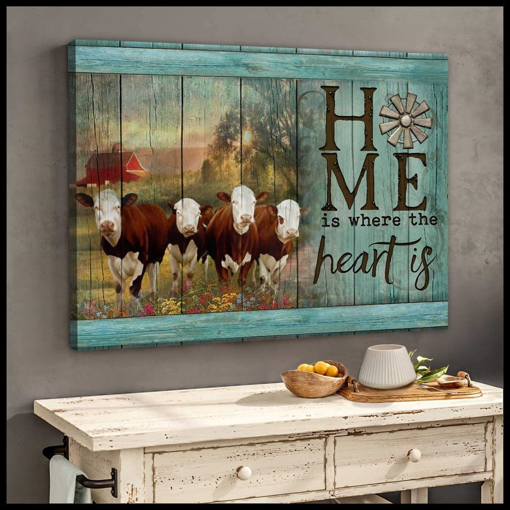 Farm Hereford Cows Home Is Where The Heart Is Canvas, Farmhouse Canvas, Farm Gift, Farm Home Decor