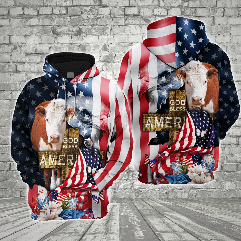 Farm Hereford Cross God Bless America 3D Shirts, Farmer Hoodie, Farm Themed Shirts, Farm Tee Shirts