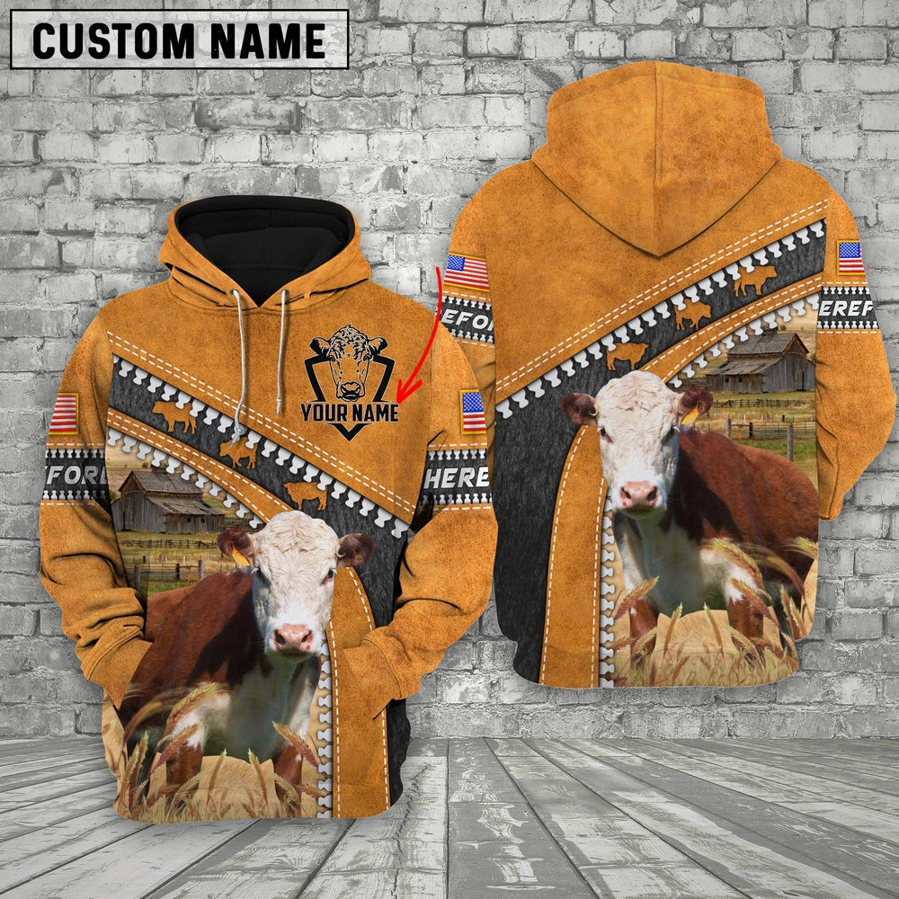 Farm Hereford Leather Zip Pattern Custom Name 3D Shirts, Farmer Hoodie, Custom Farm Shirts, Farmer T Shirt