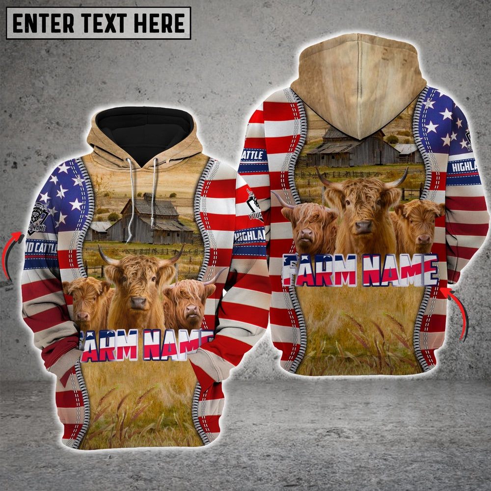 Farm Highland Cattle America Pride Custom Name And Farm Name 3D Shirts, Farmer Hoodie, Custom Farm Shirts, Farmer T Shirt