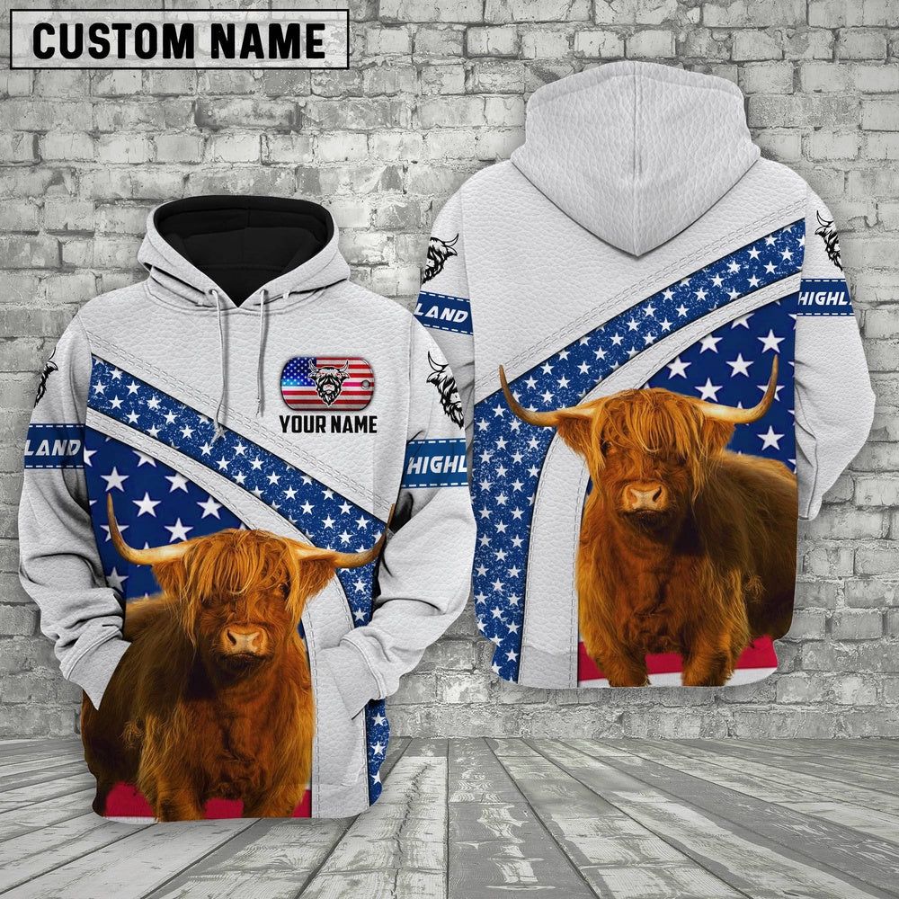 Farm Highland Cattle American Flag Custom Name 3D Shirts, Farmer Hoodie, Custom Farm Shirts, Farmer T Shirt