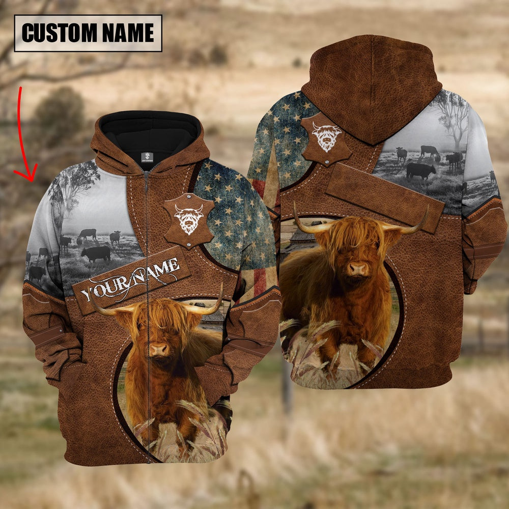 Farm Highland Cattle American Leather Pattern 3D Custom Name Shirts, Farmer Hoodie, Custom Farm Shirts, Farmer T Shirt