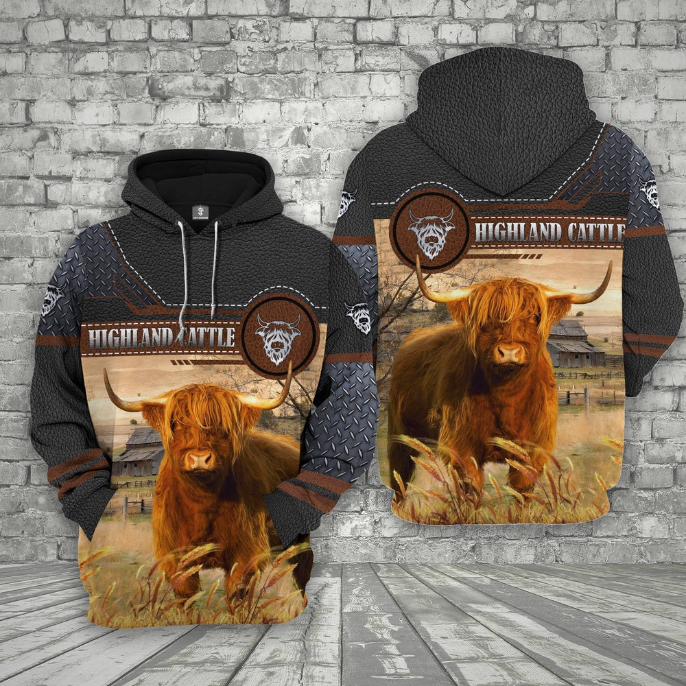 Farm Highland Cattle Black Leather 3D Printed Shirts, Farmer Hoodie, Farm Themed Shirts, Farm Tee Shirts