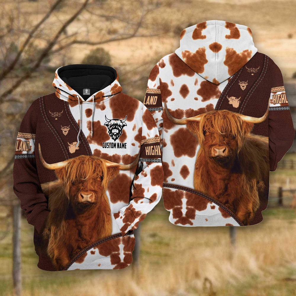 Farm Highland Cattle Brown Leather Pattern Custom Name 3D Shirts, Farmer Hoodie, Custom Farm Shirts, Farmer T Shirt