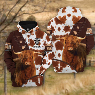 Farm Highland Cattle Brown Leather Pattern Custom Name 3D Shirts, Farmer Hoodie, Custom Farm Shirts, Farmer T Shirt