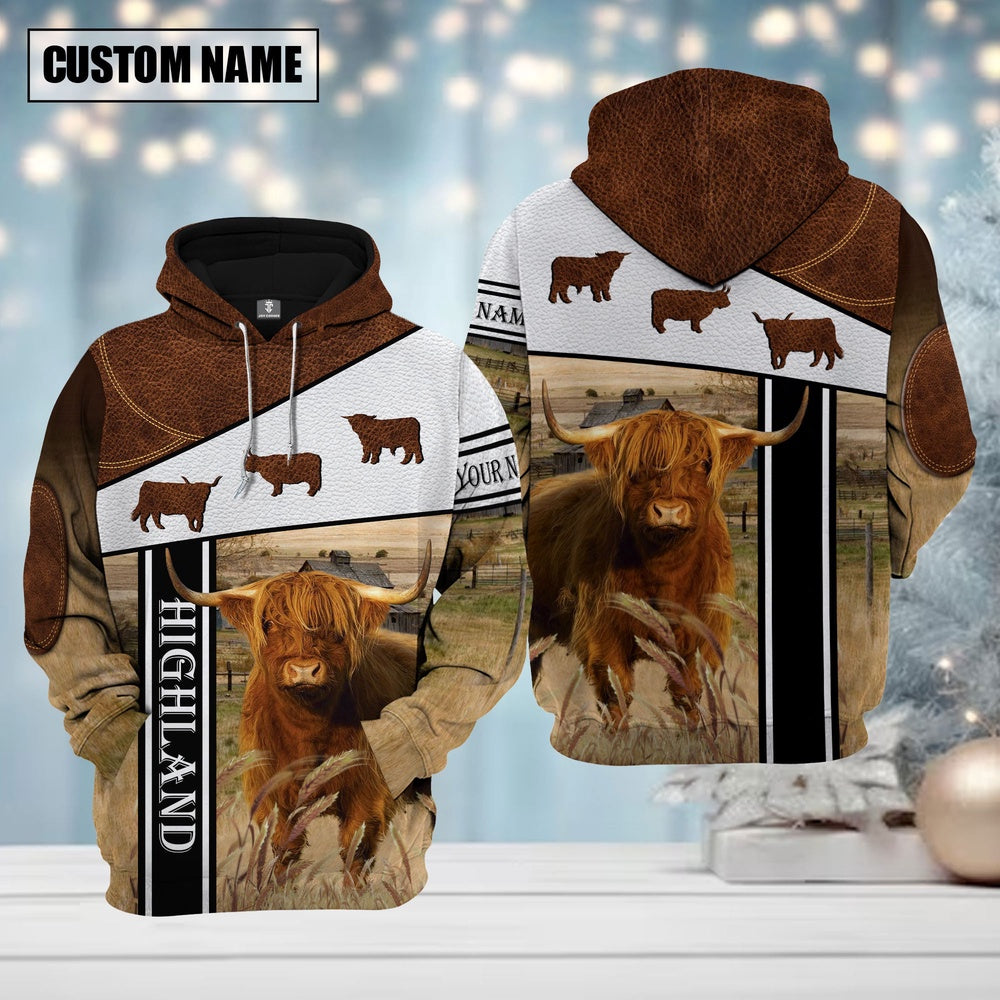 Farm Highland Cattle Brown Leather Pattern Custom Name Shirts, Farmer Hoodie, Custom Farm Shirts, Farmer T Shirt