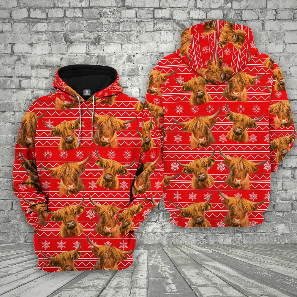 Farm Highland Cattle Christmas Pattern 3D Printed Hoodie, Farmer Hoodie, Farm Themed Shirts, Farm Tee Shirts