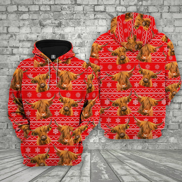 Farm Highland Cattle Christmas Pattern 3D Printed Hoodie, Farmer Hoodie, Farm Themed Shirts, Farm Tee Shirts
