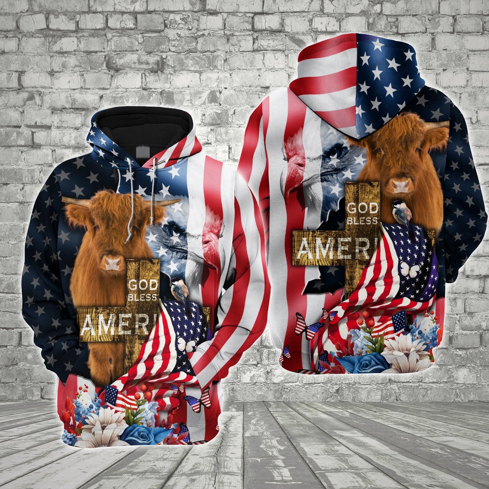 Farm Highland Cattle Cross God Bless America 3D Shirts, Farmer Hoodie, Farm Themed Shirts, Farm Tee Shirts