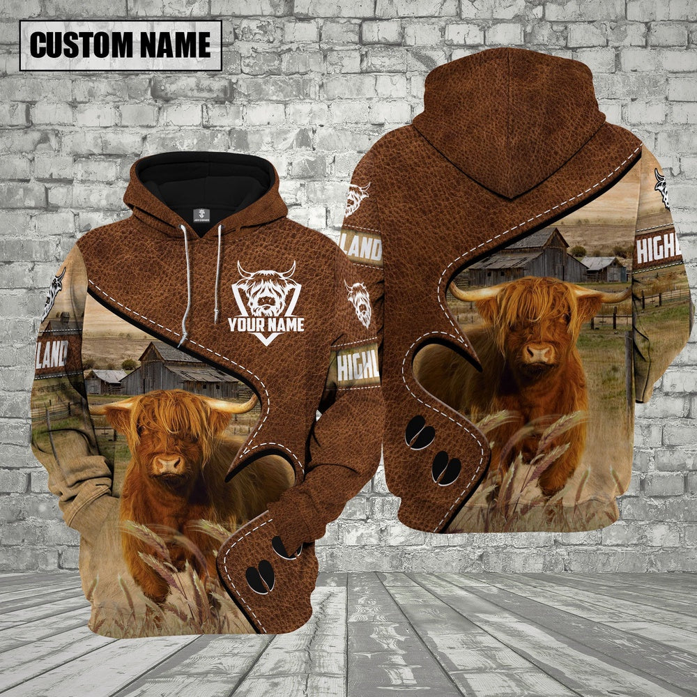 Farm Highland Cattle Heart Shape Custom Name 3D Shirts, Farmer Hoodie, Custom Farm Shirts, Farmer T Shirt