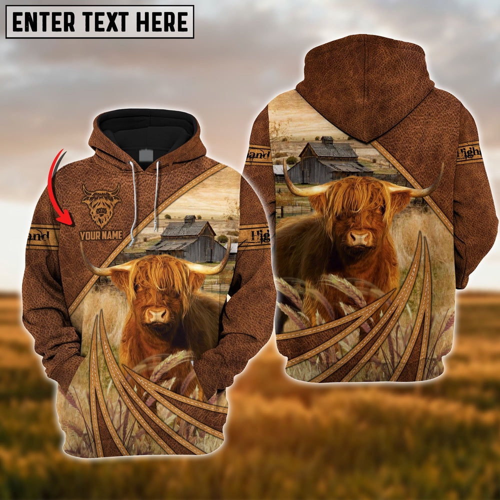 Farm Highland Cattle Leather Pattern 3D Custom Name Printed Shirts, Farmer Hoodie, Custom Farm Shirts, Farmer T Shirt