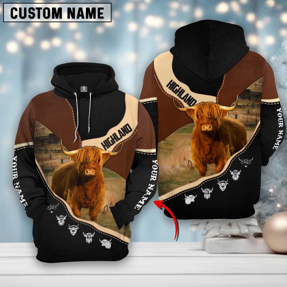 Farm Highland Cattle Leather Pattern Custom Name 3D Shirts, Farmer Hoodie, Custom Farm Shirts, Farmer T Shirt