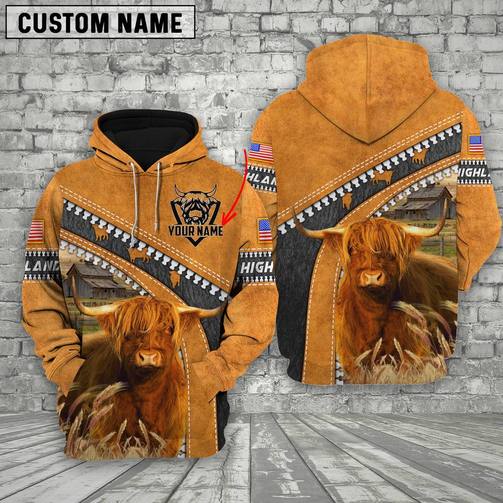 Farm Highland Cattle Leather Zip Pattern Customize Name 3D Shirts, Farmer Hoodie, Custom Farm Shirts, Farmer T Shirt