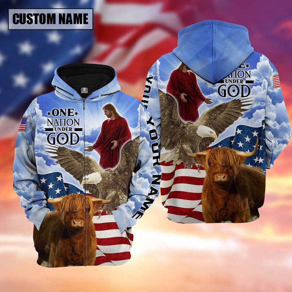 Farm Highland Cattle One Nation Under God 3D Shirts, Farmer Hoodie, Custom Farm Shirts, Farmer T Shirt