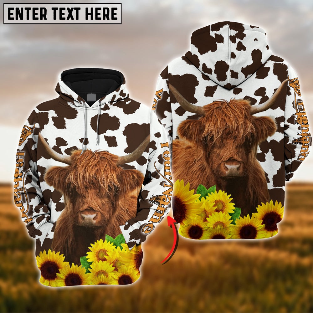 Farm Highland Cattle Sunflower Pattern Customize Name 3D Shirts, Farmer Hoodie, Custom Farm Shirts, Farmer T Shirt