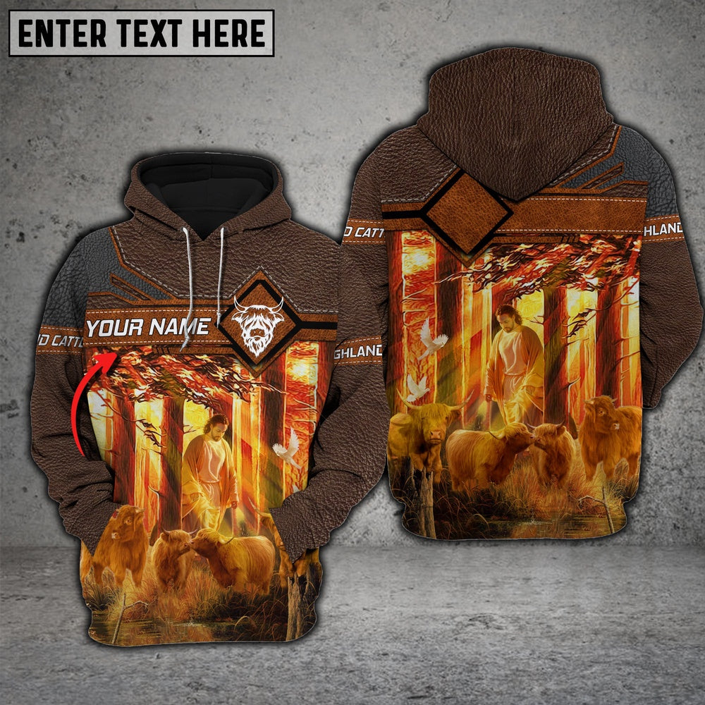 Farm Highland Cattle Walking God America Custom Name 3D Shirts, Farmer Hoodie, Custom Farm Shirts, Farmer T Shirt