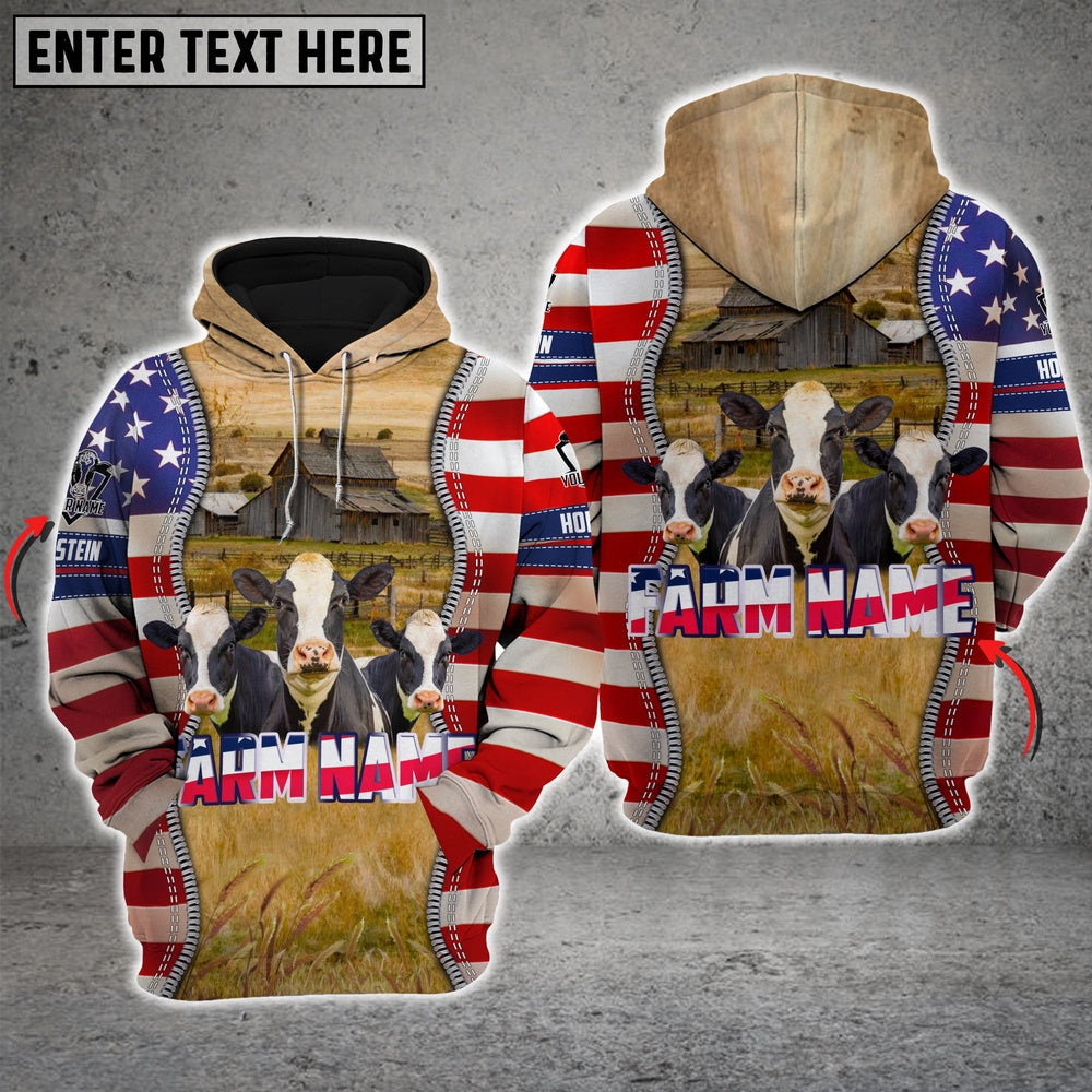 Farm Holstein America Pride Custom Name And Farm Name 3D Shirts, Farmer Hoodie, Custom Farm Shirts, Farmer T Shirt