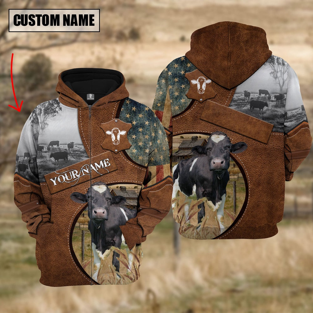 Farm Holstein American Leather Pattern 3D Custom Name Shirts, Farmer Hoodie, Custom Farm Shirts, Farmer T Shirt