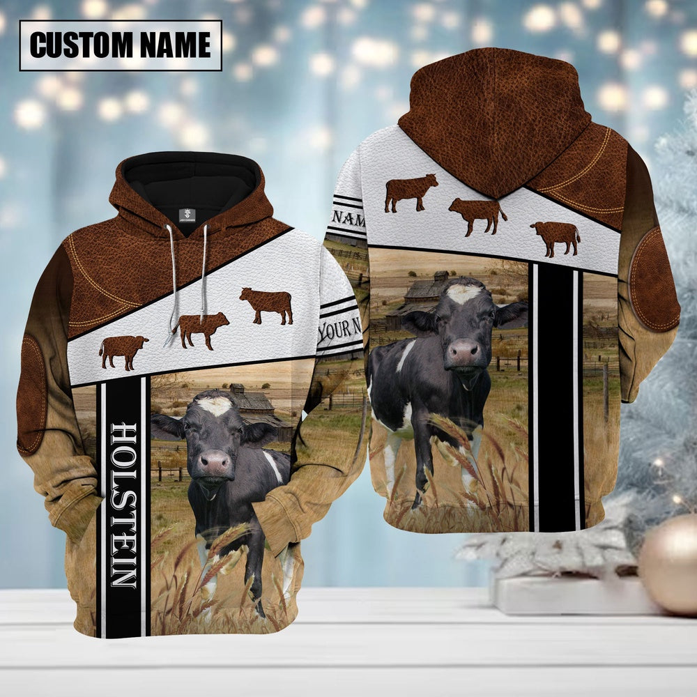 Farm Holstein Cattle Brown Leather Pattern Custom Name Shirts, Farmer Hoodie, Custom Farm Shirts, Farmer T Shirt