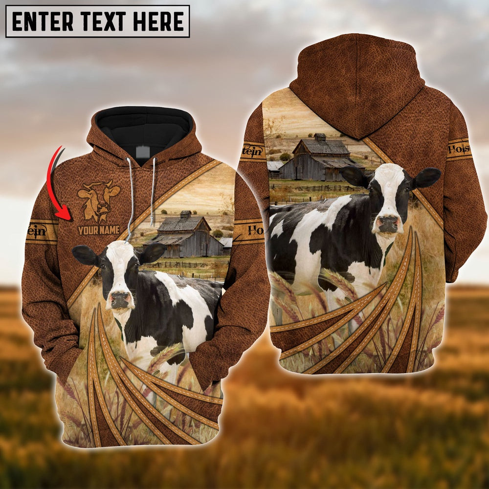 Farm Holstein Cattle Leather Pattern 3D Custom Name Printed Shirts, Farmer Hoodie, Custom Farm Shirts, Farmer T Shirt