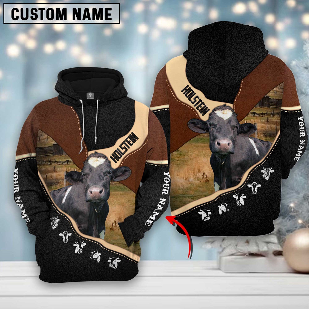 Farm Holstein Cattle Leather Pattern Custom Name 3D Shirts, Farmer Hoodie, Custom Farm Shirts, Farmer T Shirt
