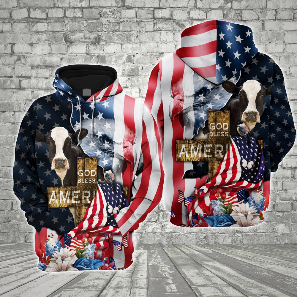 Farm Holstein Cross God Bless America 3D Shirts, Farmer Hoodie, Farm Themed Shirts, Farm Tee Shirts