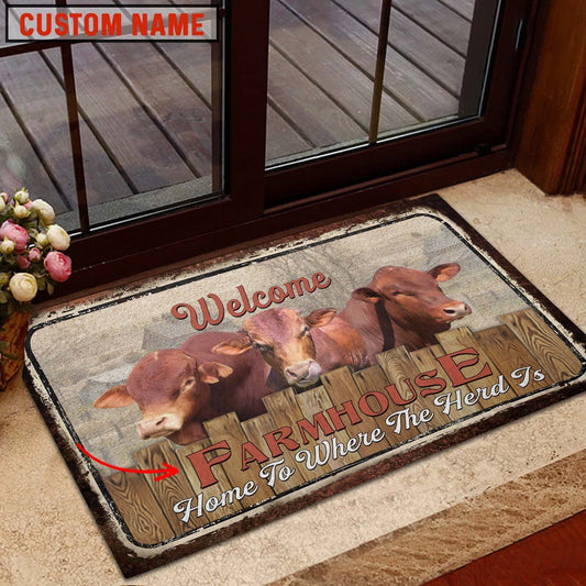 Farm House Door Mat, Beefmaster Custom Name Home To Where The Herd Is FarmHouse Doormat, Custom Welcome Mats