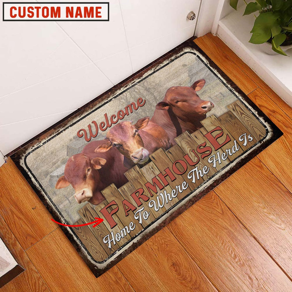 Farm House Door Mat, Beefmaster Custom Name Home To Where The Herd Is FarmHouse Doormat, Custom Welcome Mats