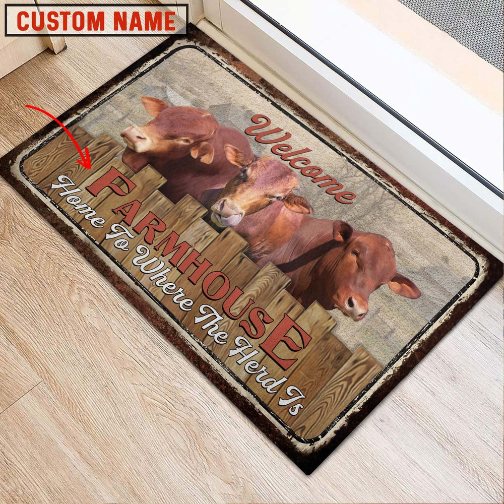 Farm House Door Mat, Beefmaster Custom Name Home To Where The Herd Is FarmHouse Doormat, Custom Welcome Mats
