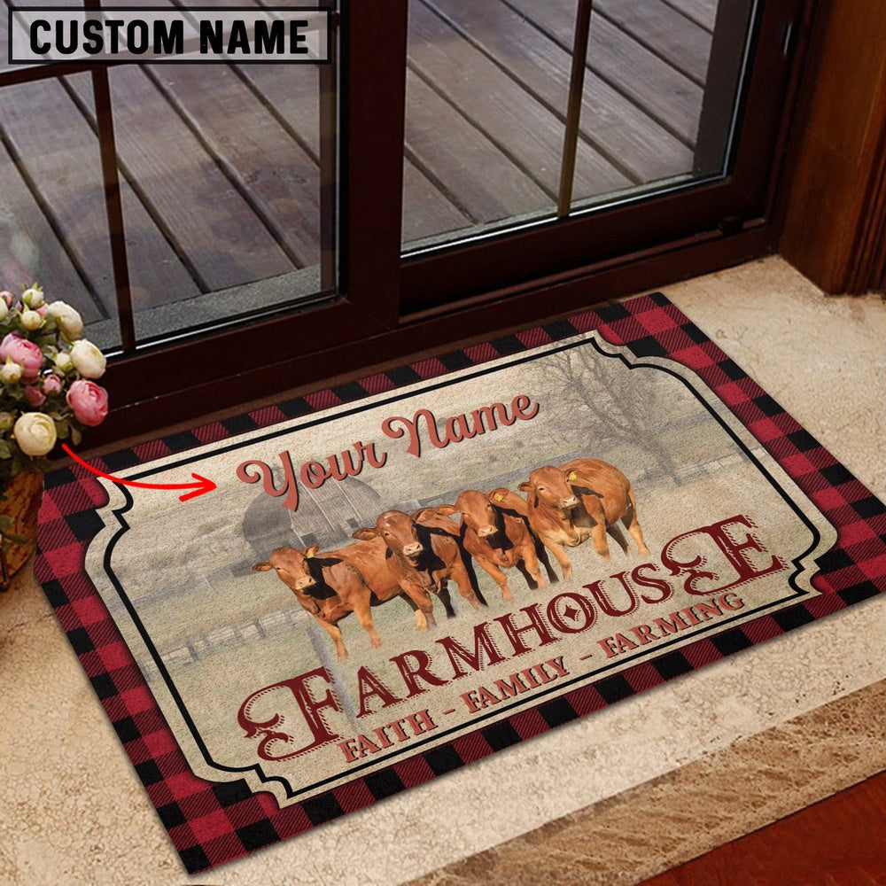 Farm House Door Mat, Beefmaster Faith Family Farming Custom Name Doormat, Custom Welcome Mats