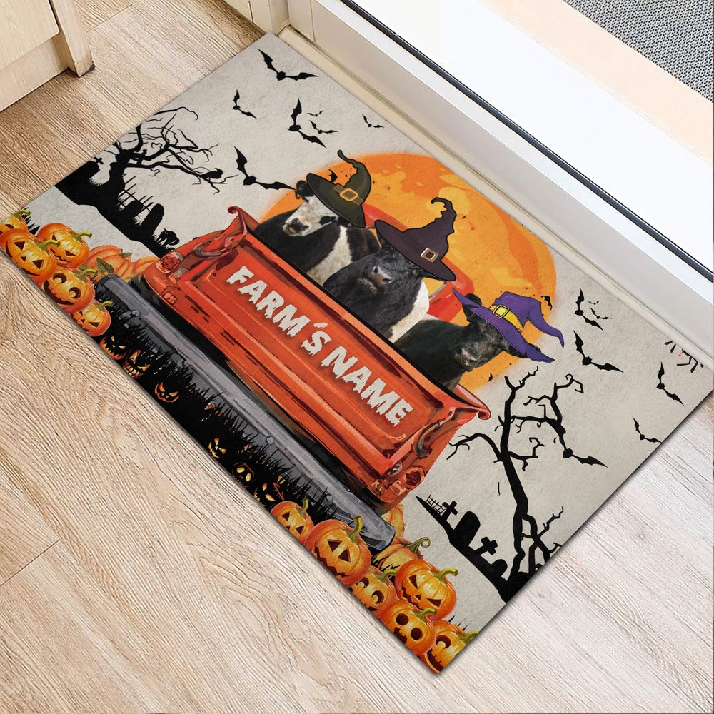Farm House Door Mat, Belted Galloway Custom Farm Name Halloween Doormat, Custom Welcome Mats