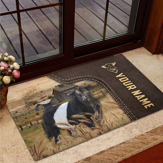 Farm House Door Mat, Belted Galloway Custom Name Leather Pattern Doormat, Custom Welcome Mats