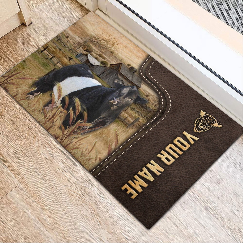 Farm House Door Mat, Belted Galloway Custom Name Leather Pattern Doormat, Custom Welcome Mats