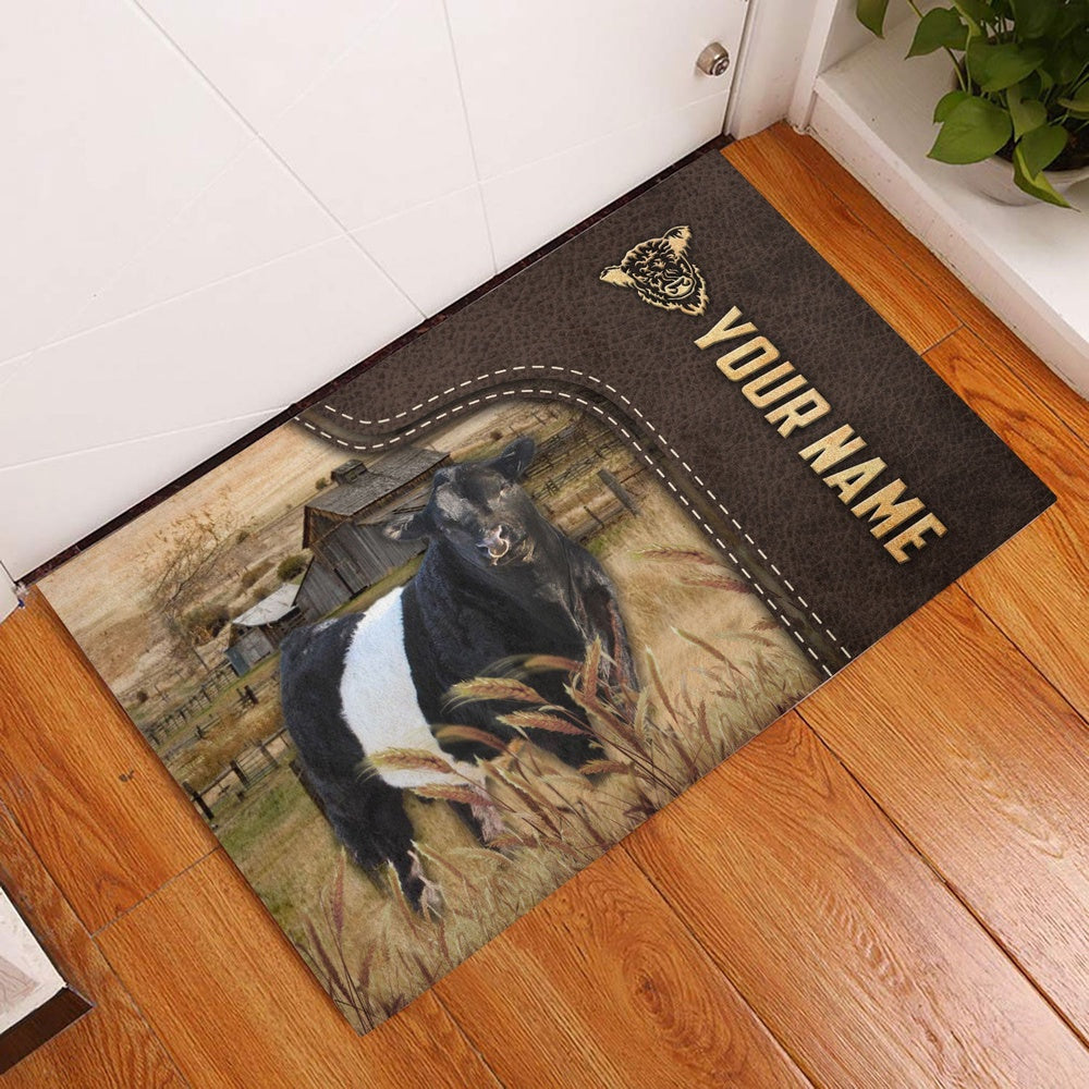Farm House Door Mat, Belted Galloway Custom Name Leather Pattern Doormat, Custom Welcome Mats