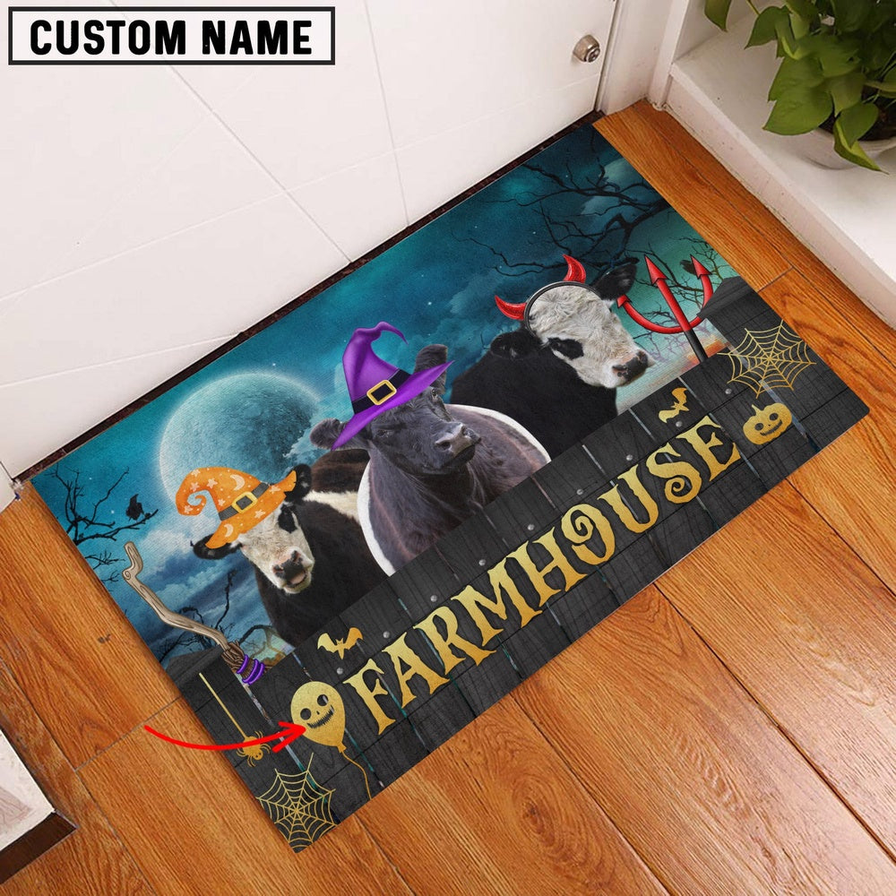Farm House Door Mat, Belted Galloway Farmhouse Halloween Custom Name Doormat, Custom Welcome Mats
