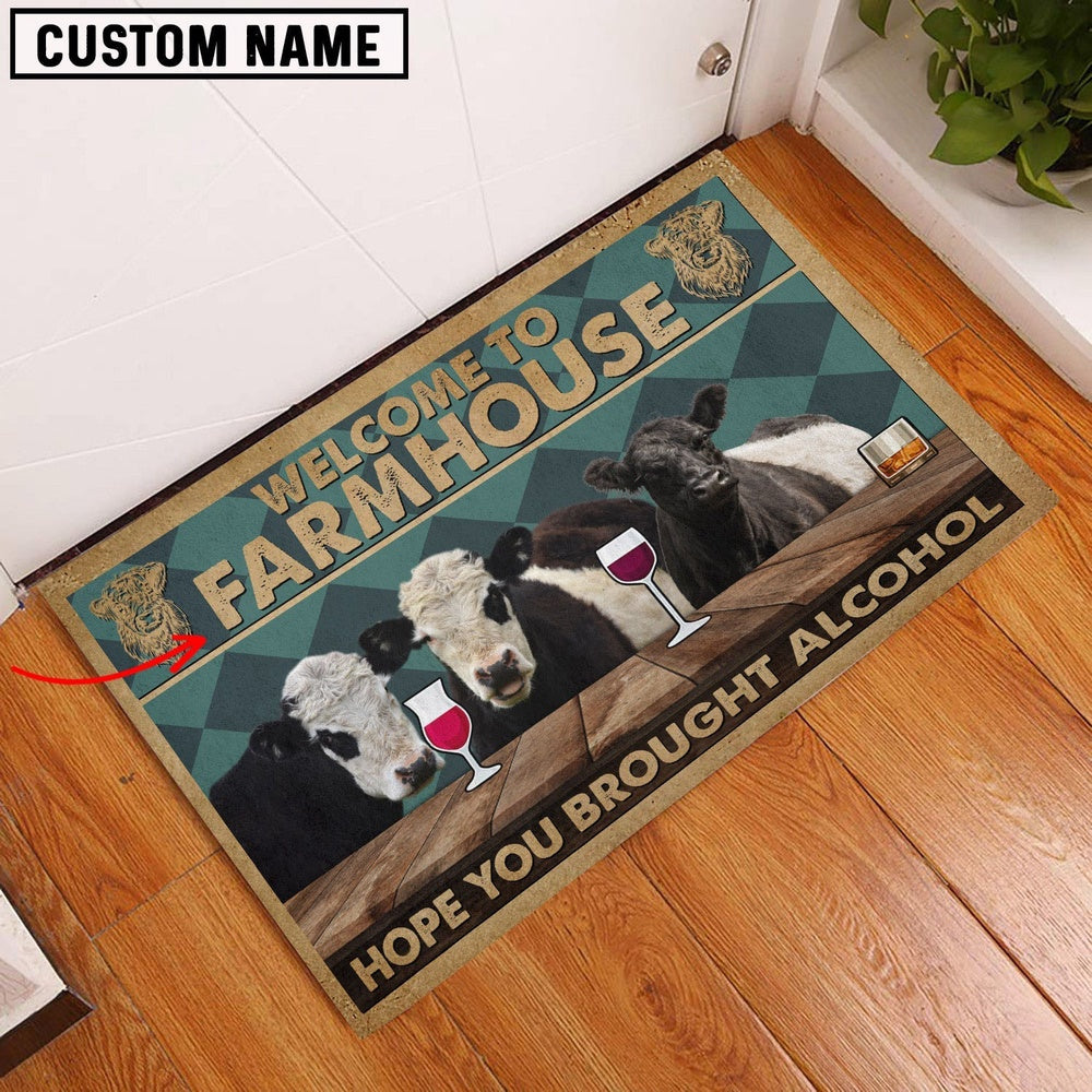 Farm House Door Mat, Belted Galloway Hope You Bought Alcohol Custom Name Doormat, Custom Welcome Mats