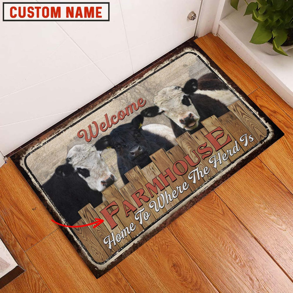 Farm House Door Mat, Belted Galloway Welcome Custom Name Doormat, Custom Welcome Mats