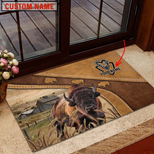 Farm House Door Mat, Bison Personalized Welcome Brown Doormat, Custom Welcome Mats