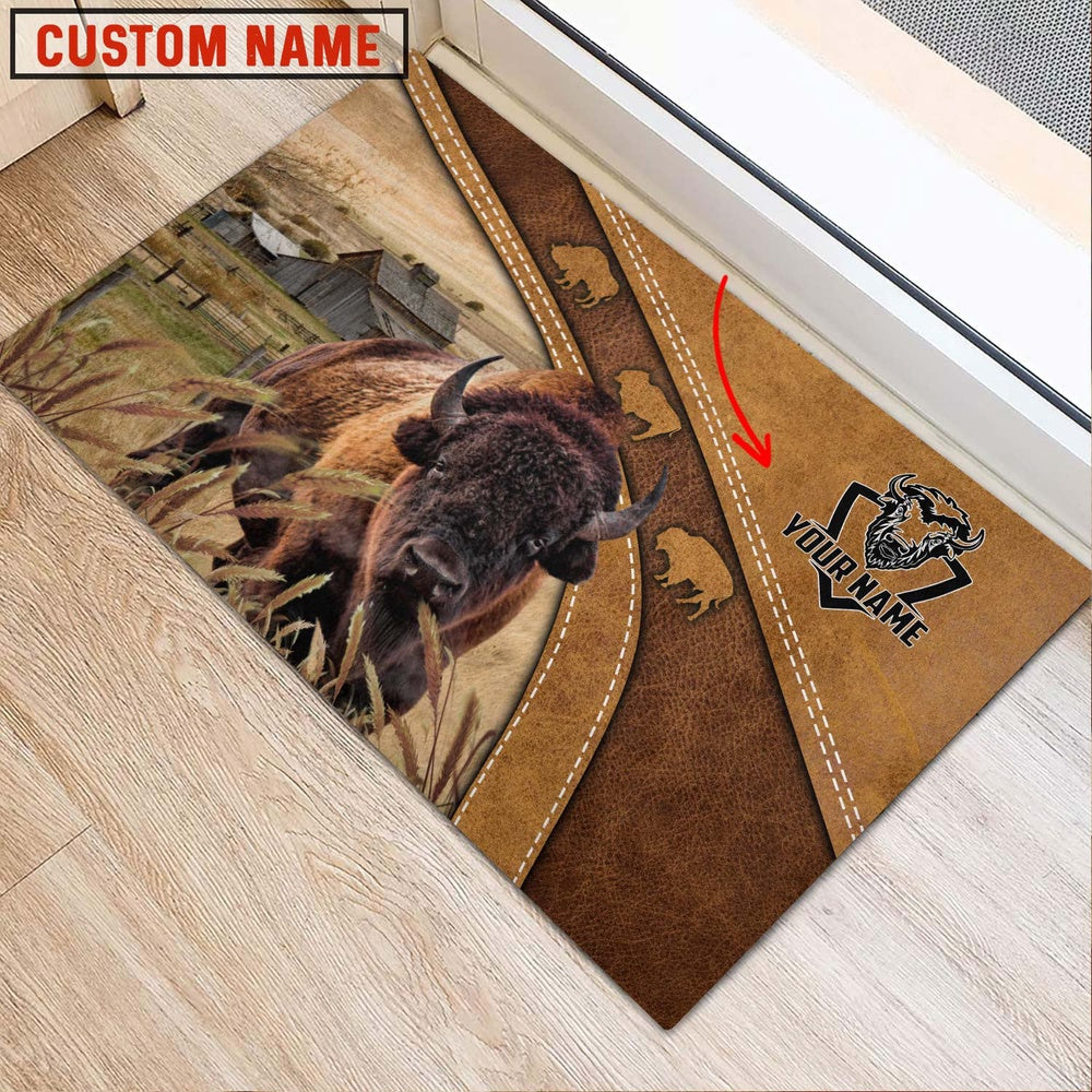 Farm House Door Mat, Bison Personalized Welcome Brown Doormat, Custom Welcome Mats