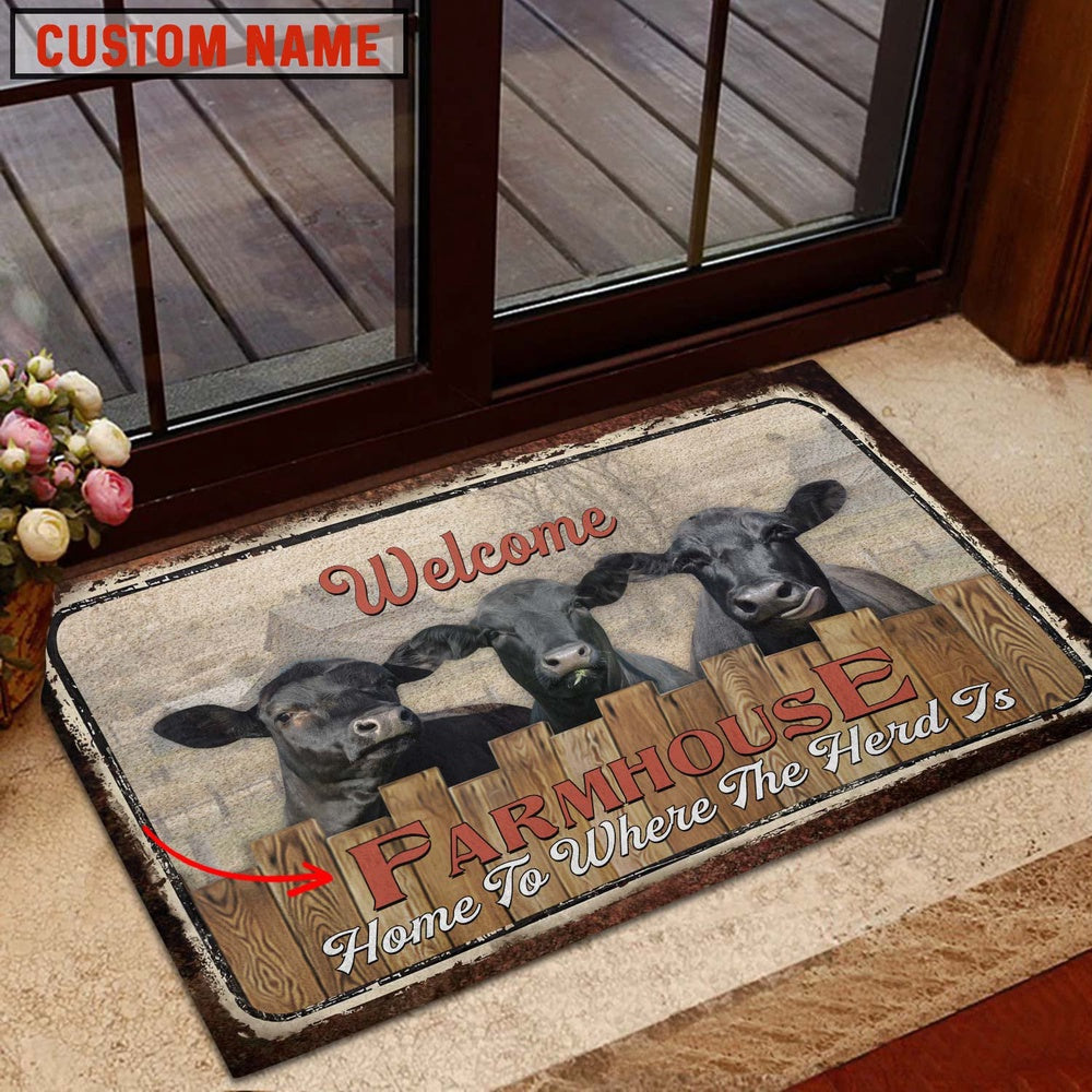 Farm House Door Mat, Black Angus Custom Name Home To Where The Herd Is FarmHouse Doormat, Custom Welcome Mats