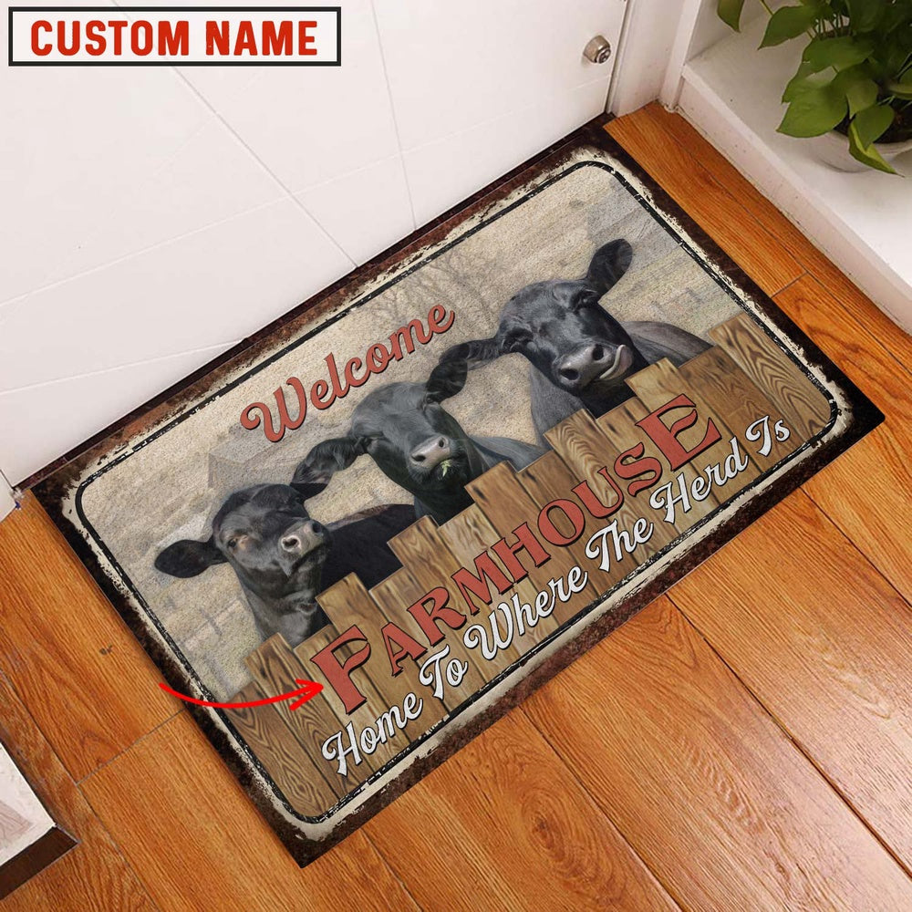 Farm House Door Mat, Black Angus Custom Name Home To Where The Herd Is FarmHouse Doormat, Custom Welcome Mats