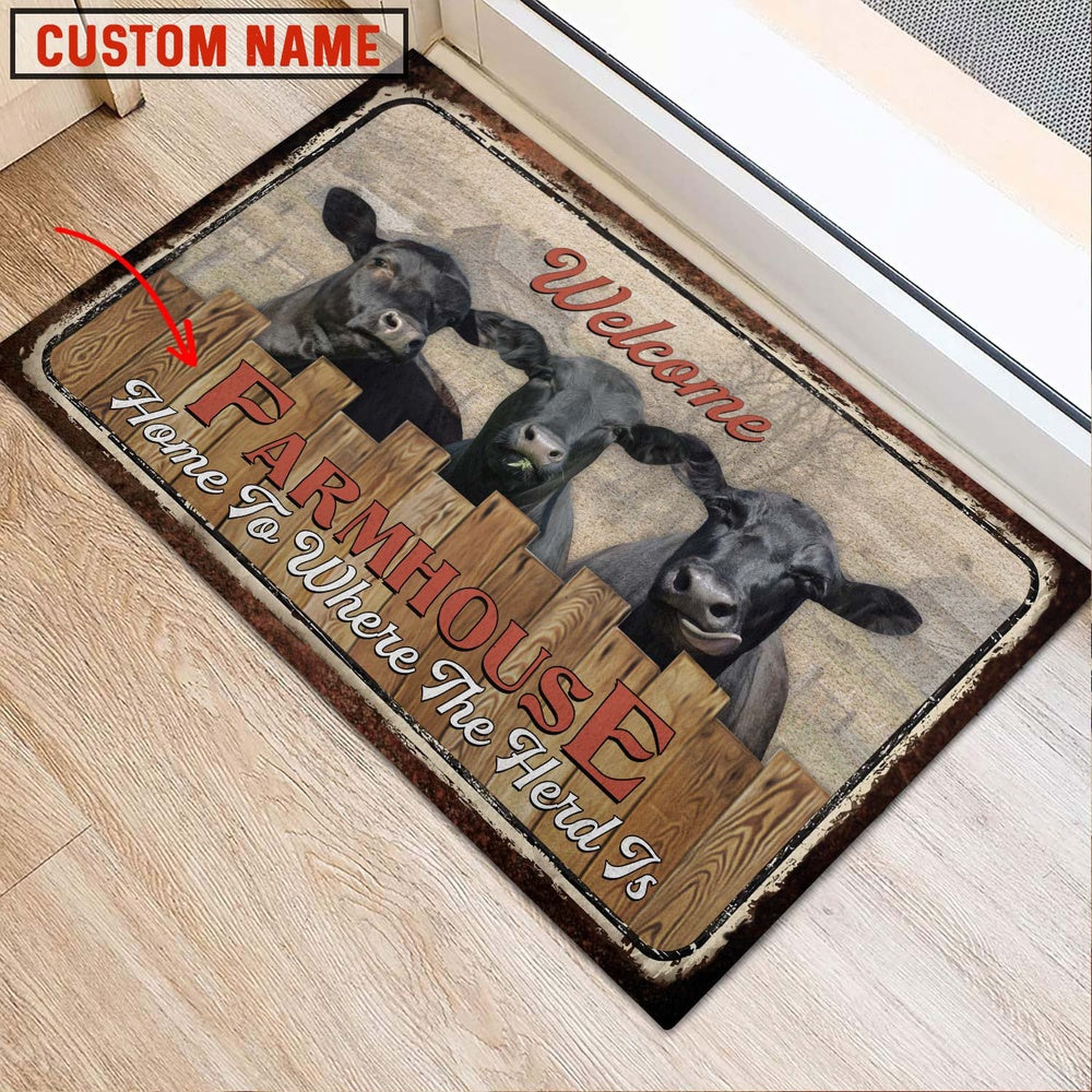 Farm House Door Mat, Black Angus Custom Name Home To Where The Herd Is FarmHouse Doormat, Custom Welcome Mats