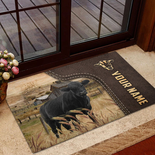 Farm House Door Mat, Black Angus Custom Name Leather Pattern Doormat, Custom Welcome Mats