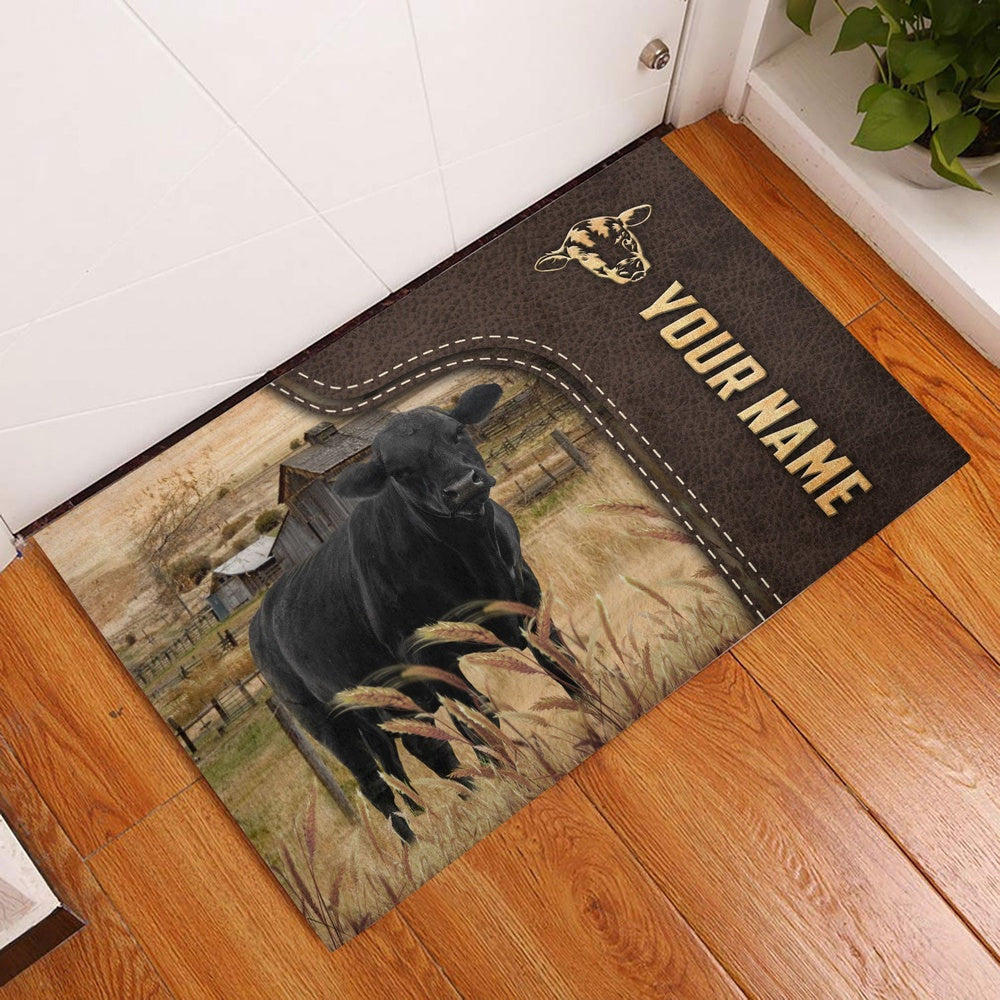Farm House Door Mat, Black Angus Custom Name Leather Pattern Doormat, Custom Welcome Mats