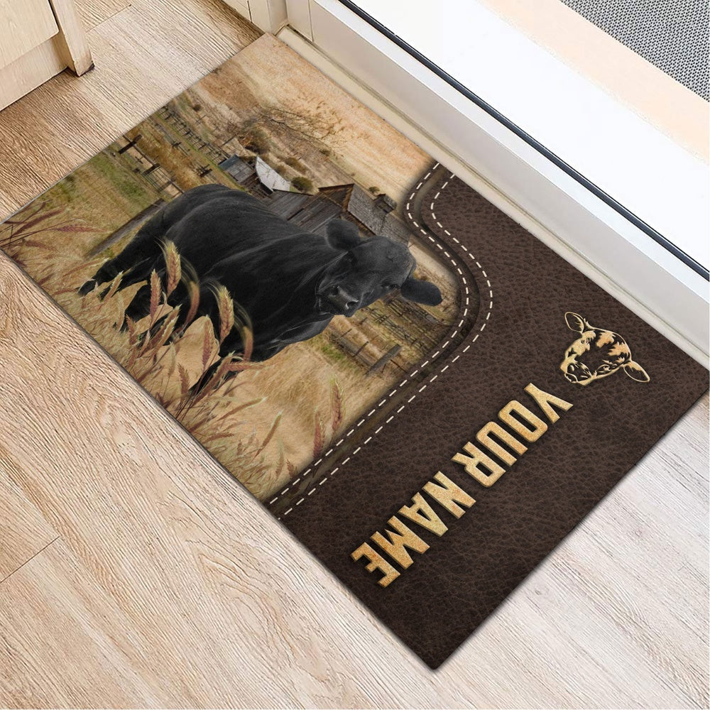 Farm House Door Mat, Black Angus Custom Name Leather Pattern Doormat, Custom Welcome Mats