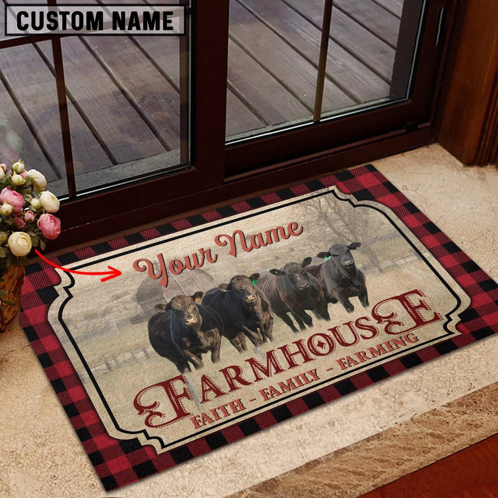 Farm House Door Mat, Black Angus Faith Family Farming Custom Name Doormat, Custom Welcome Mats