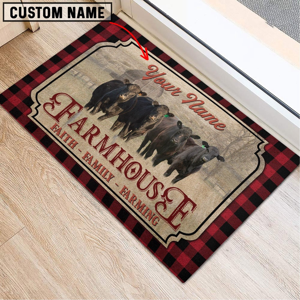 Farm House Door Mat, Black Angus Faith Family Farming Custom Name Doormat, Custom Welcome Mats